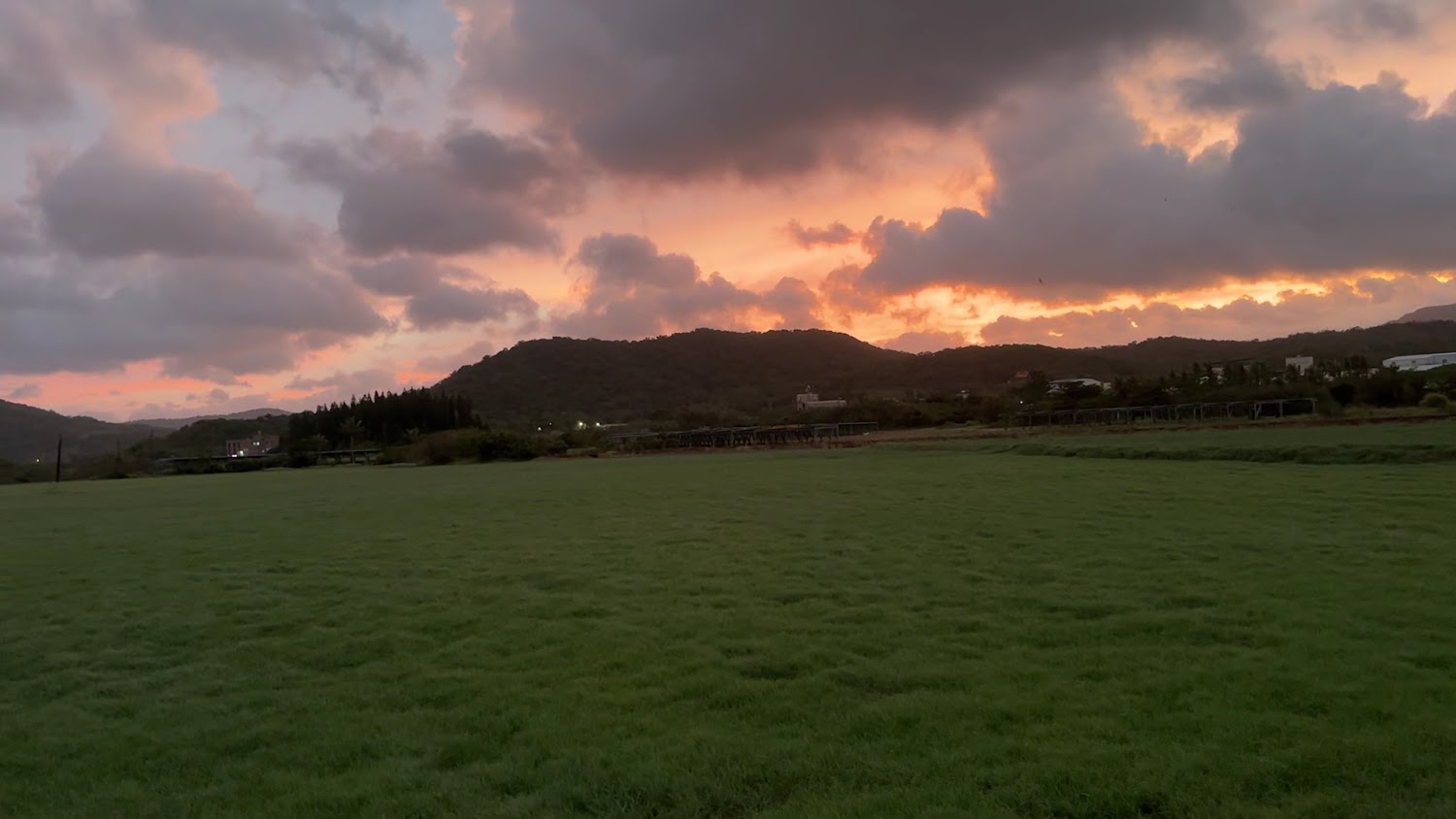 大片草地與夕陽雲彩的寧靜景色