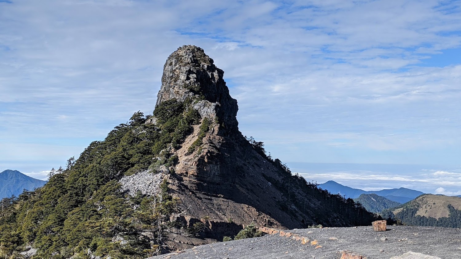 大霸尖山與山腳森林、遠山藍天景色
