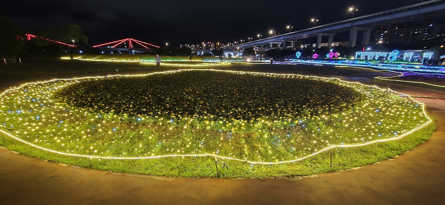 這張圖片展示夜晚的花海燈光裝置，花圃被黃色燈飾圍繞，遠處有紅色亮燈的橋和五顏六色的燈飾，整體營造出浪漫、夢幻的氛圍。