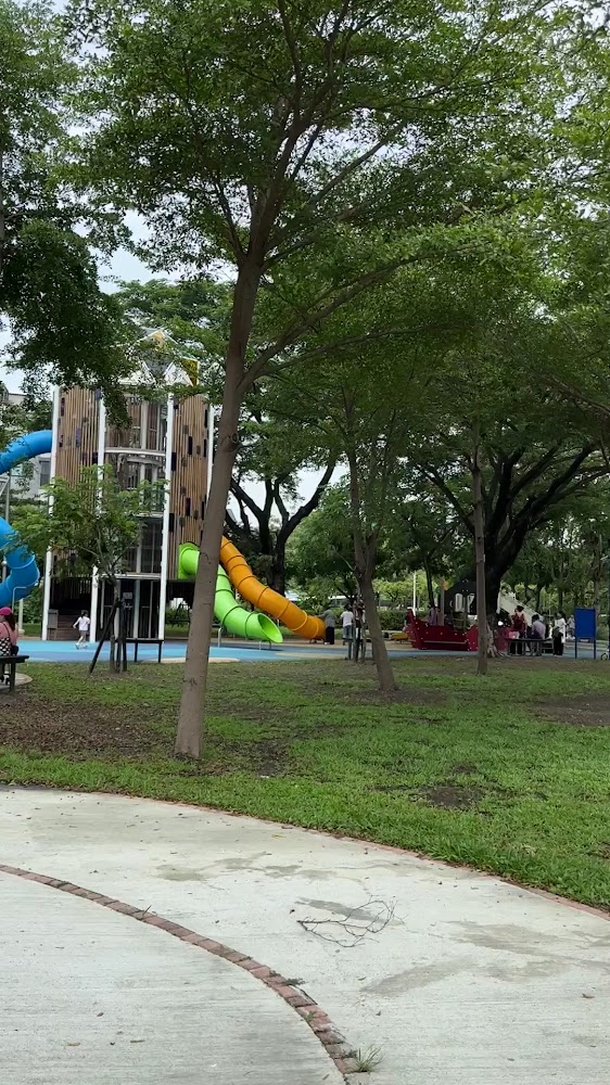 有大型溜滑梯和遊樂設施的公園周圍有茂密大樹和綠地