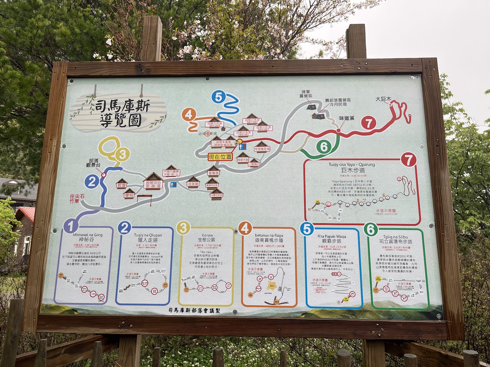 司馬庫斯部落導覽圖，標示各步道路線與景點分布
