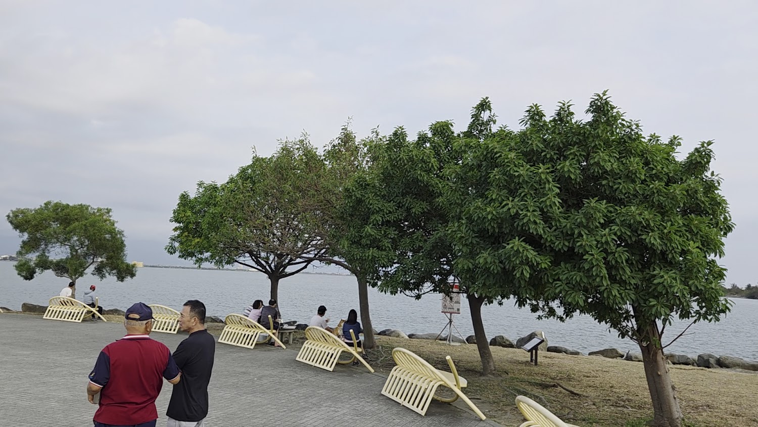 湖邊公園樹木石頭與休息遊客
