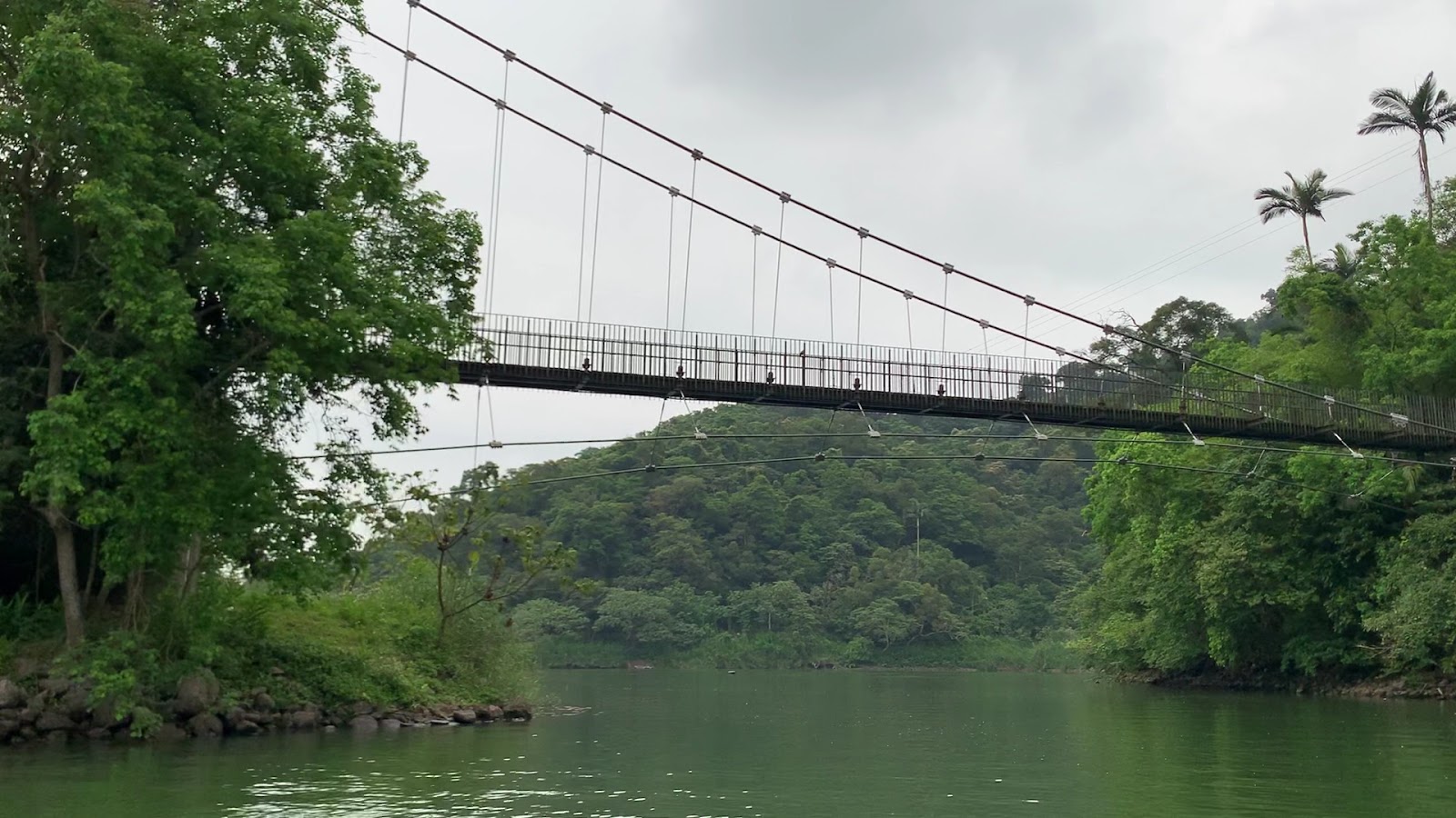 宜蘭梅花湖吊橋側面，湖面波光粼粼，山巒倒映其中