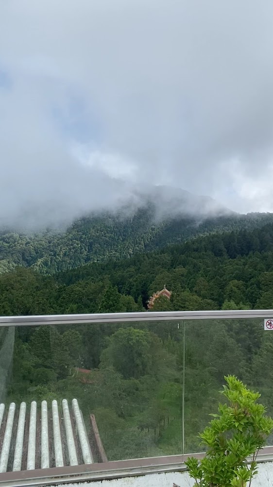 阿里山賓館觀景平台可見雲霧山林與玻璃欄杆
