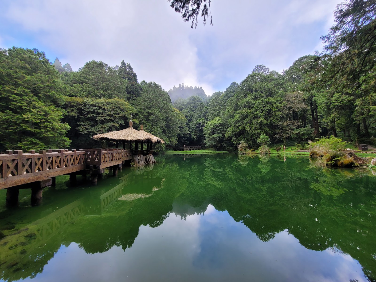 阿里山國家森林遊樂區翠綠湖面茅亭倒影