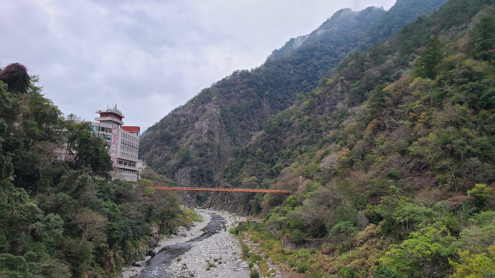大甲溪河谷，橘色吊橋橫跨，兩側山壁翠綠