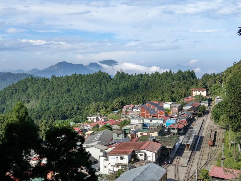 奮起湖聚落俯瞰全景，阿里山森林鐵路鐵軌蜿蜒穿行，遠山雲霧繚繞