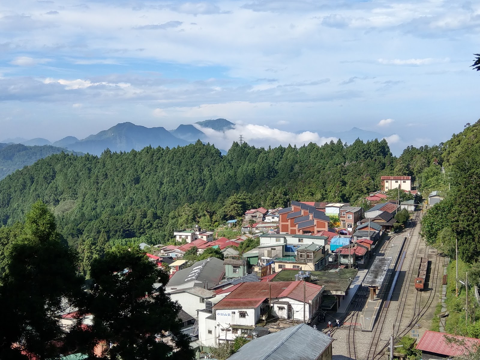 奮起湖聚落俯瞰全景，阿里山森林鐵路鐵軌蜿蜒穿行，遠山雲霧繚繞