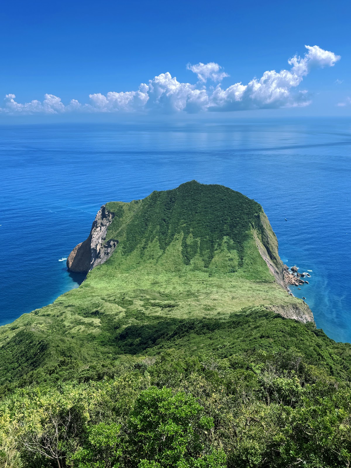 宜蘭龜山島空拍俯瞰，翠綠植被覆蓋的島嶼被湛藍海水環繞