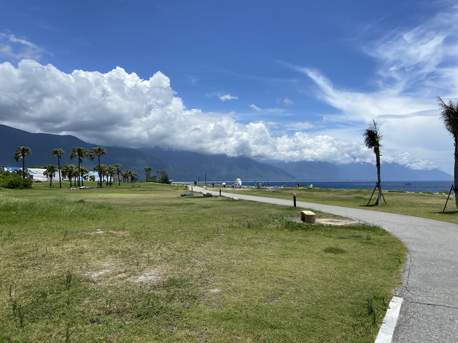 花蓮七星潭海岸風景，草坪步道、椰子樹與遠山海景