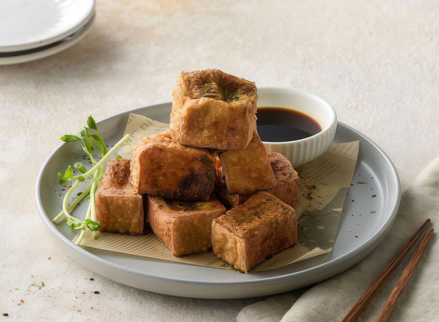 酥炸豆腐搭配醬油沾醬