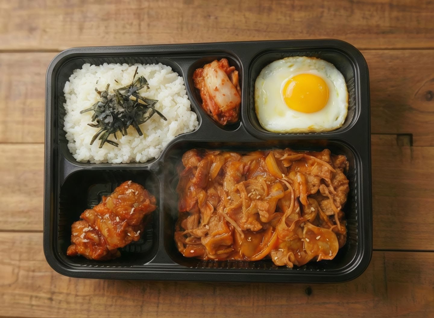 韓式外帶便當有白飯泡菜煎蛋炒肉與炸雞