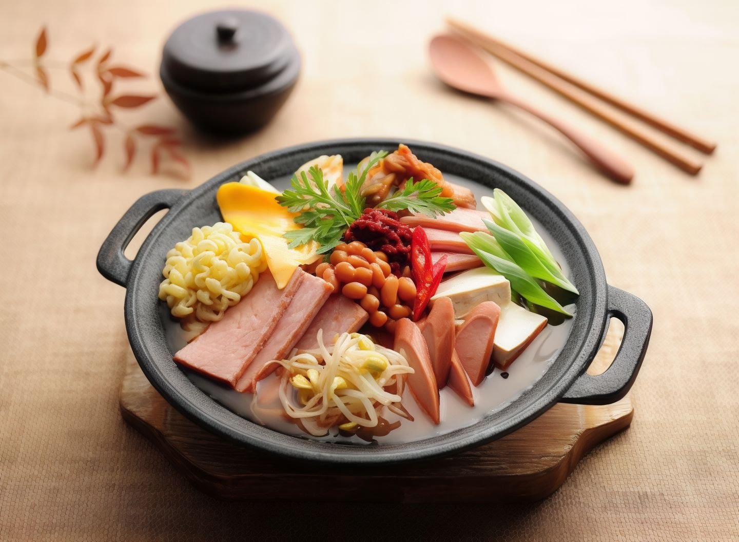韓式部隊鍋有火腿午餐肉與起司