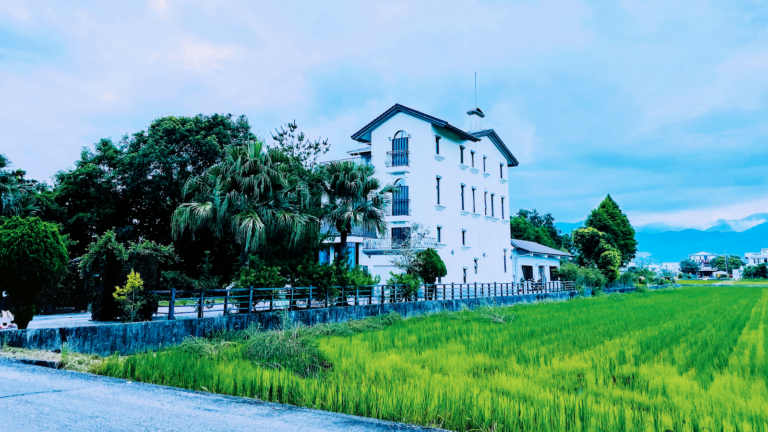 宜蘭蘭天民宿 白色歐式建築與稻田全景