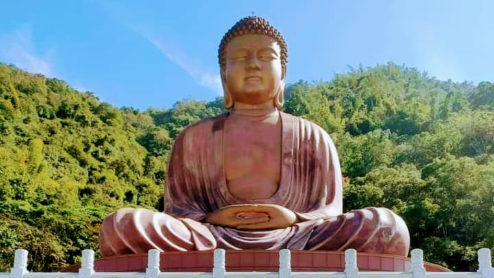 六龜大佛正面近拍，銅色巨佛莊嚴聳立，背景藍天白雲與翠綠山林