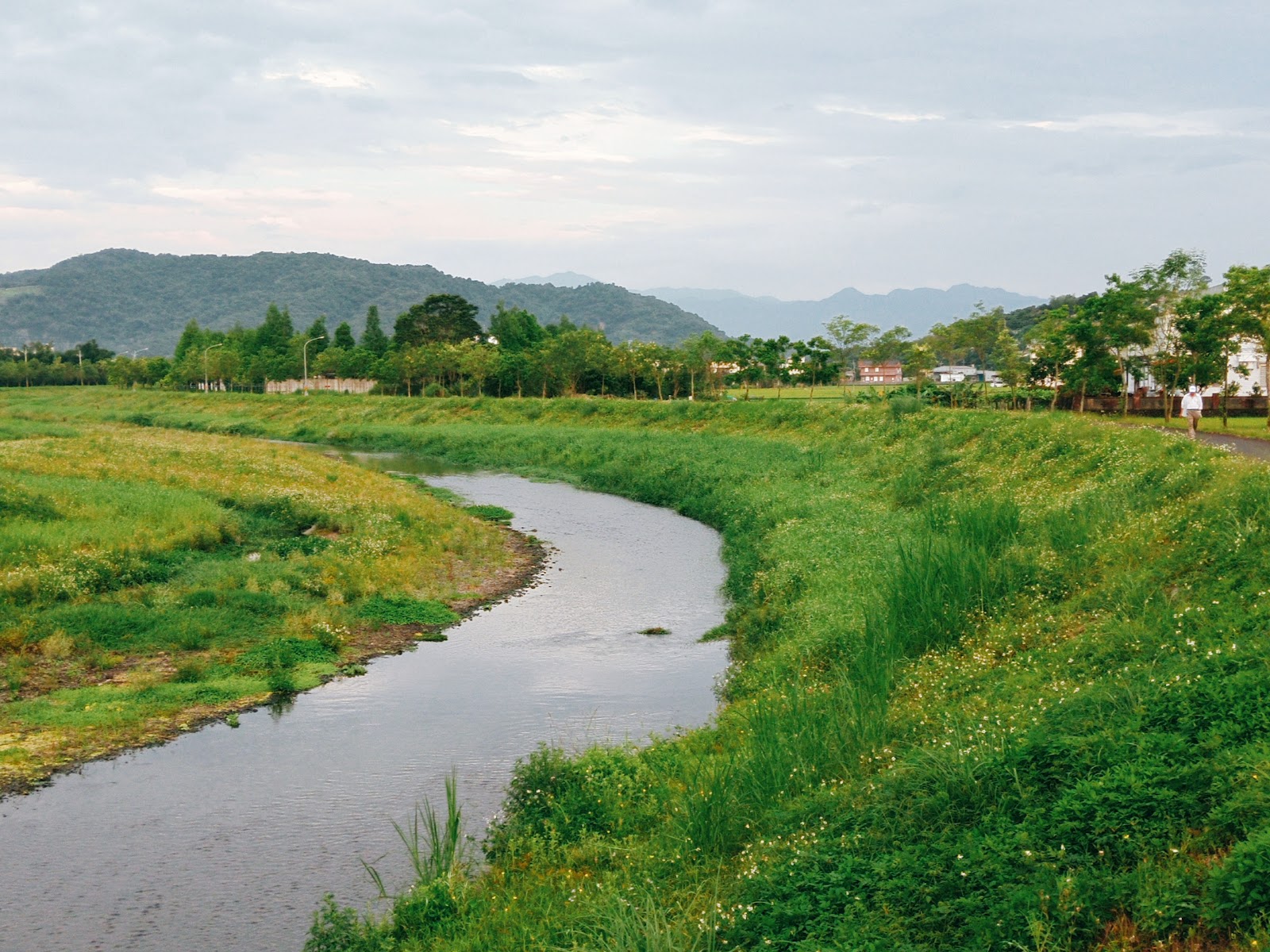 冬山河蜿蜒河道自然景致，兩岸翠綠草地，遠景山巒，晨光柔和