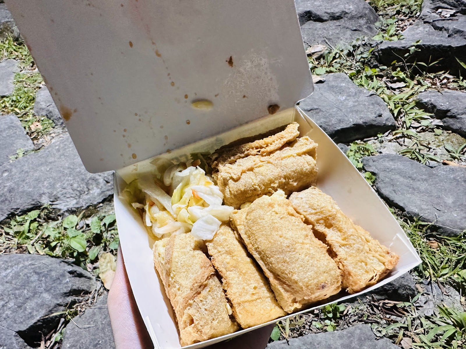 外帶盒裝炸臭豆腐，金黃酥脆5塊加泡菜，戶外石頭地背景