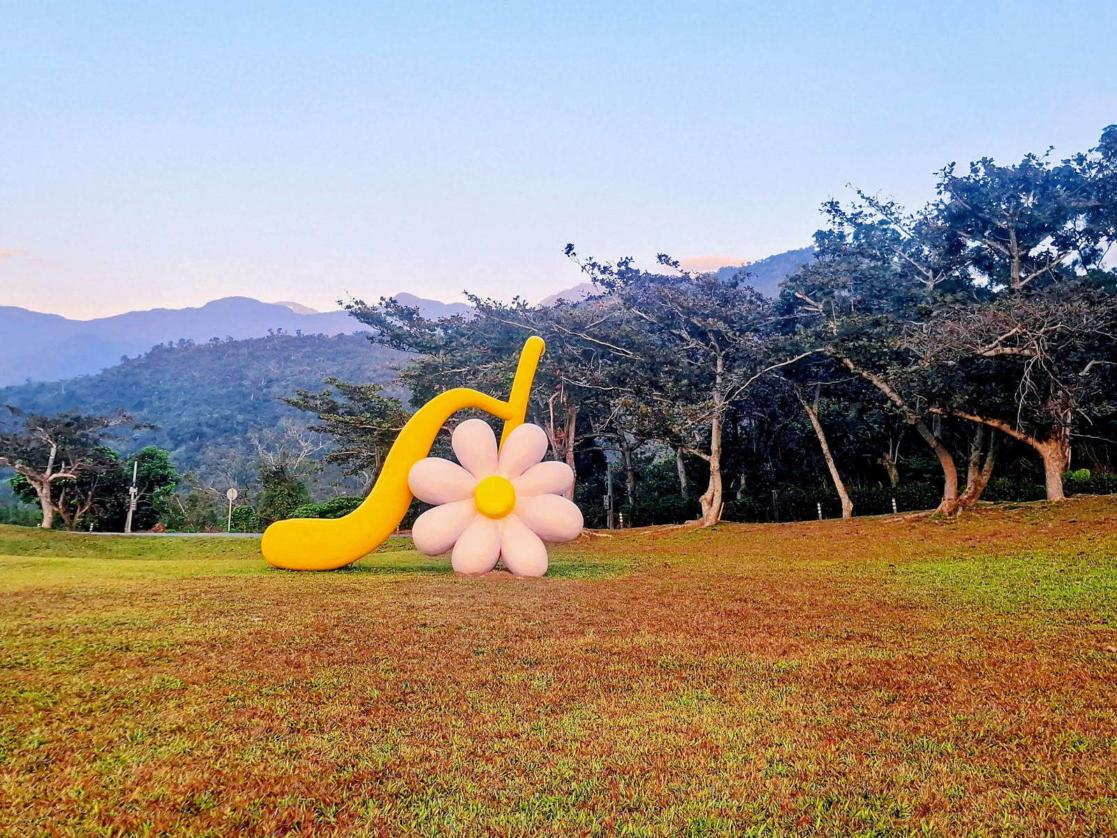 鹿野高台草地上黃色香蕉與粉白花造型充氣裝置，背景山脈黃昏柔光