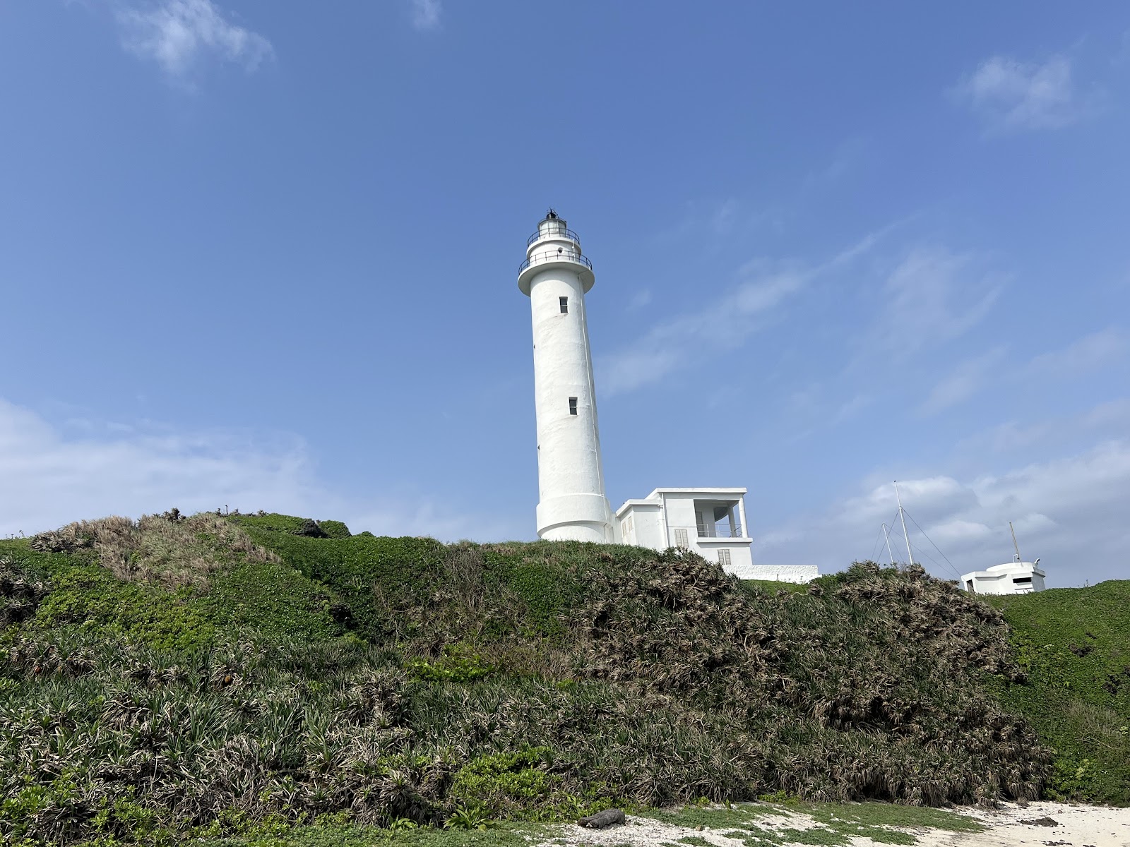 綠島燈塔白色塔身矗立藍天，前景綠意盎然