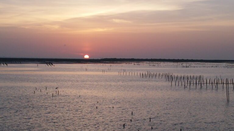 七股潟湖夕陽全景，台南七股濕地黃昏美景