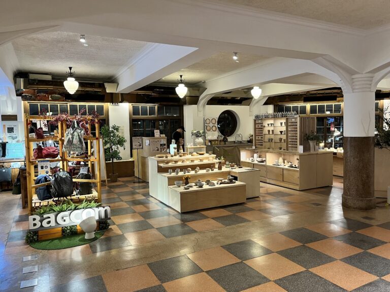 台南林百貨室內全景，黑白棋盤格地板與拱形天花板，充滿昭和建築美感