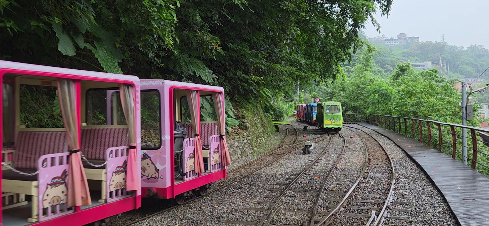 烏來觀光台車 彩色車廂 山林鐵軌 一日遊