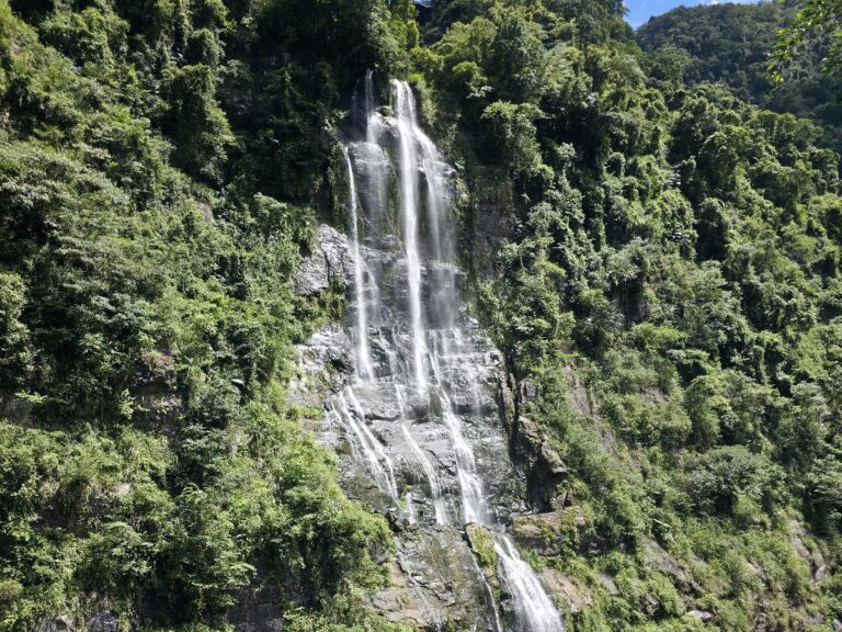 新北烏來一日遊 烏來瀑布全景 白色分層瀑布 翠綠山林