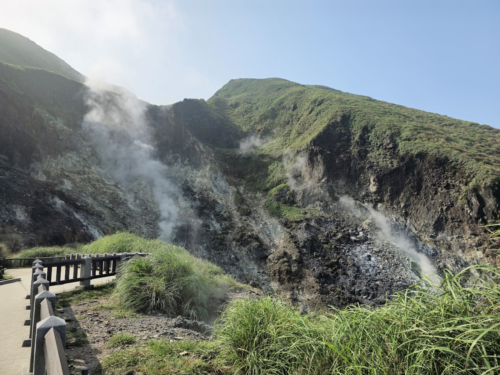 台北陽明山小油坑火山噴氣口全景，木棧道旁硫磺白煙從黑色岩壁湧出，藍天背景