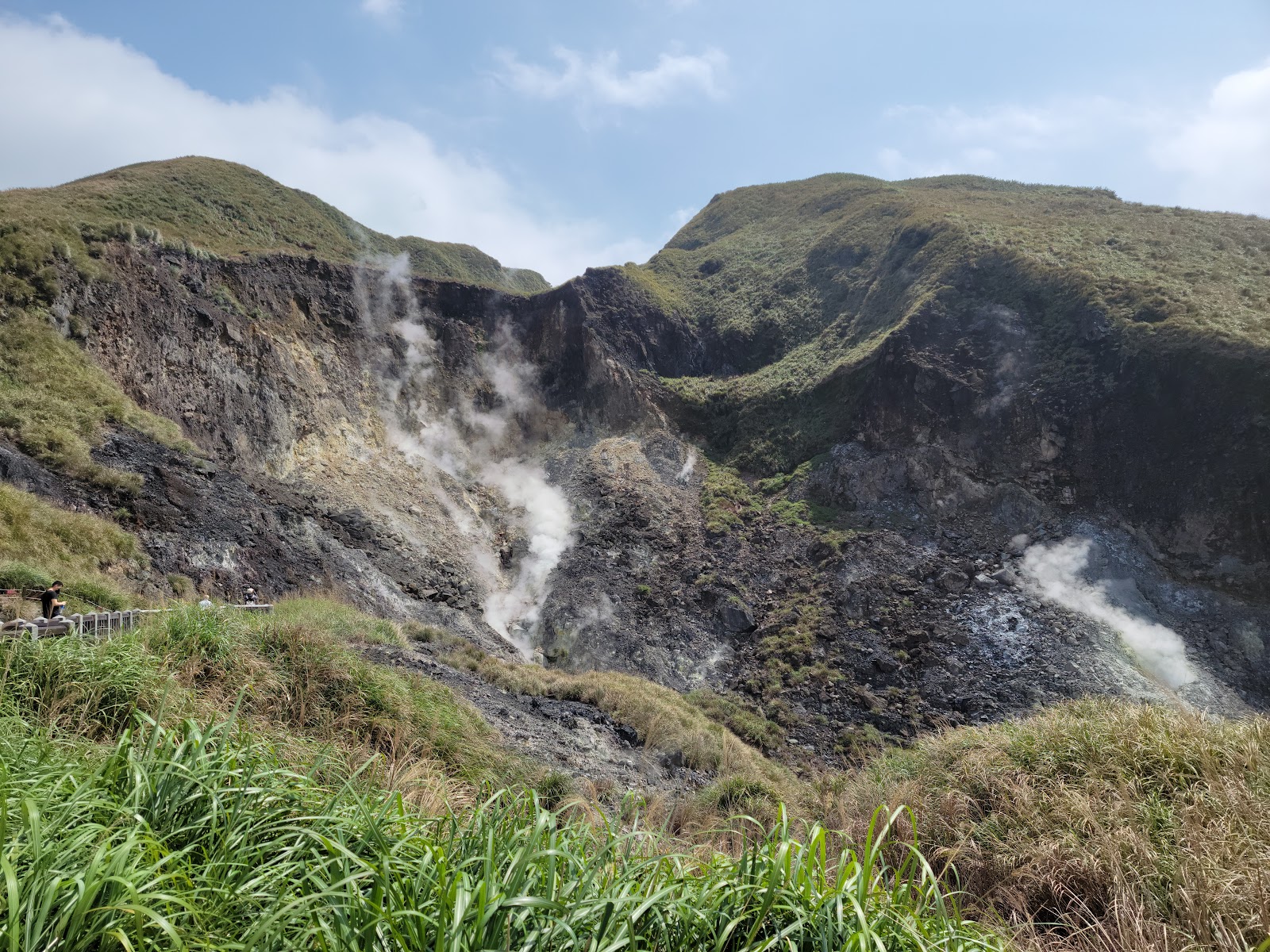小油坑火山口正面全景，多處硫磺蒸氣噴出，藍天背景