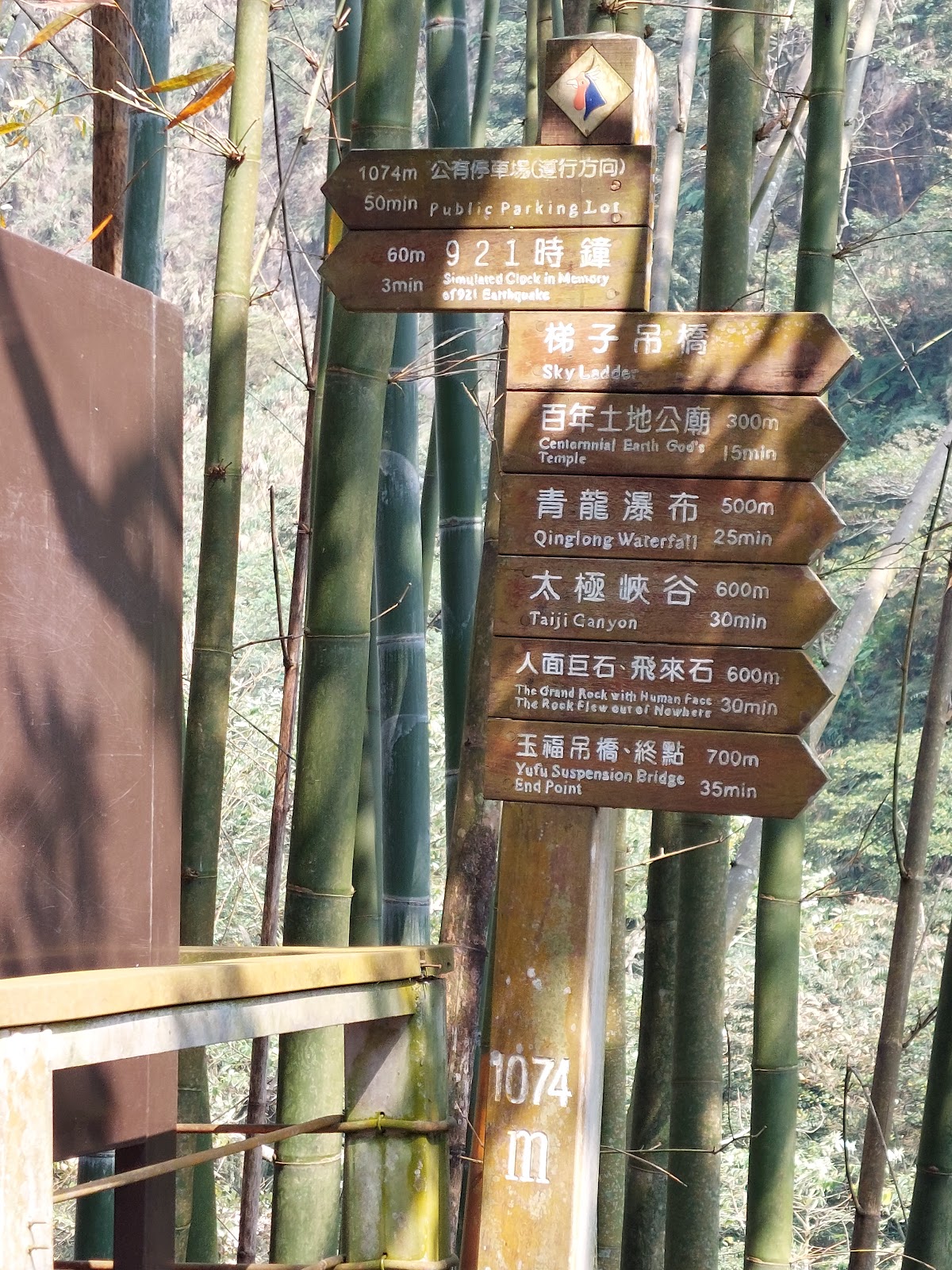 竹山天梯園區竹林中的路標,標示青龍瀑布、太極峽谷、人面巨石等景點距離