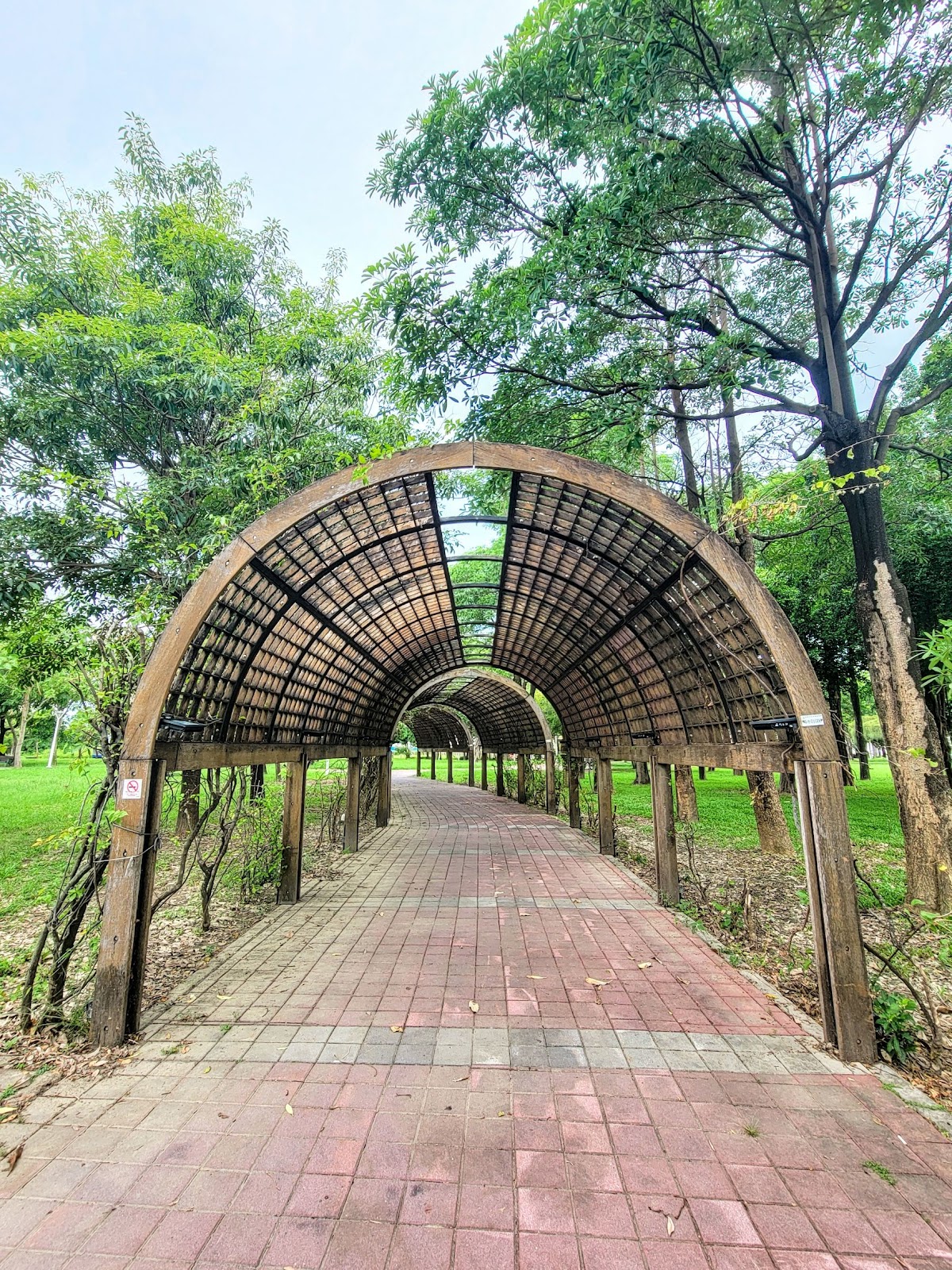 路竹公園磚石拱廊步道,半圓形拱頂連綿延伸,兩旁綠樹夾道,紅磚路延伸向前