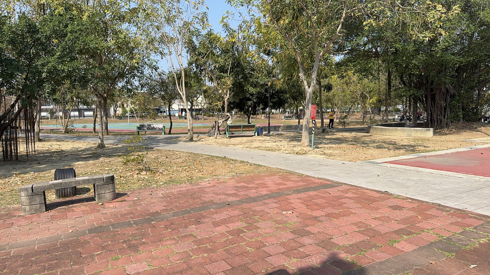 高雄市路竹體育園區寬闊綠地,紅磚步道穿過樹林,遠處有民眾散步