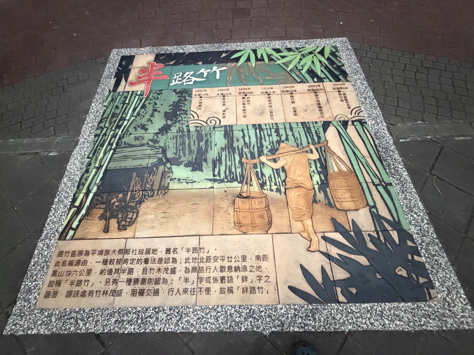 路竹公園地板彩繪半路竹歷史典故,竹林圖案和挑夫插圖說明路竹地名由來
