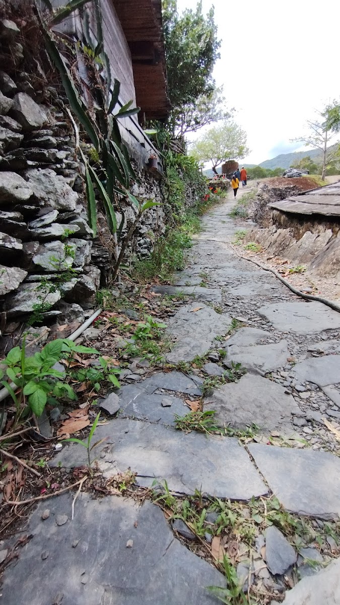 老七佳石板步道,兩側石板牆夾道,遊客漫步,屏東春日部落旅遊