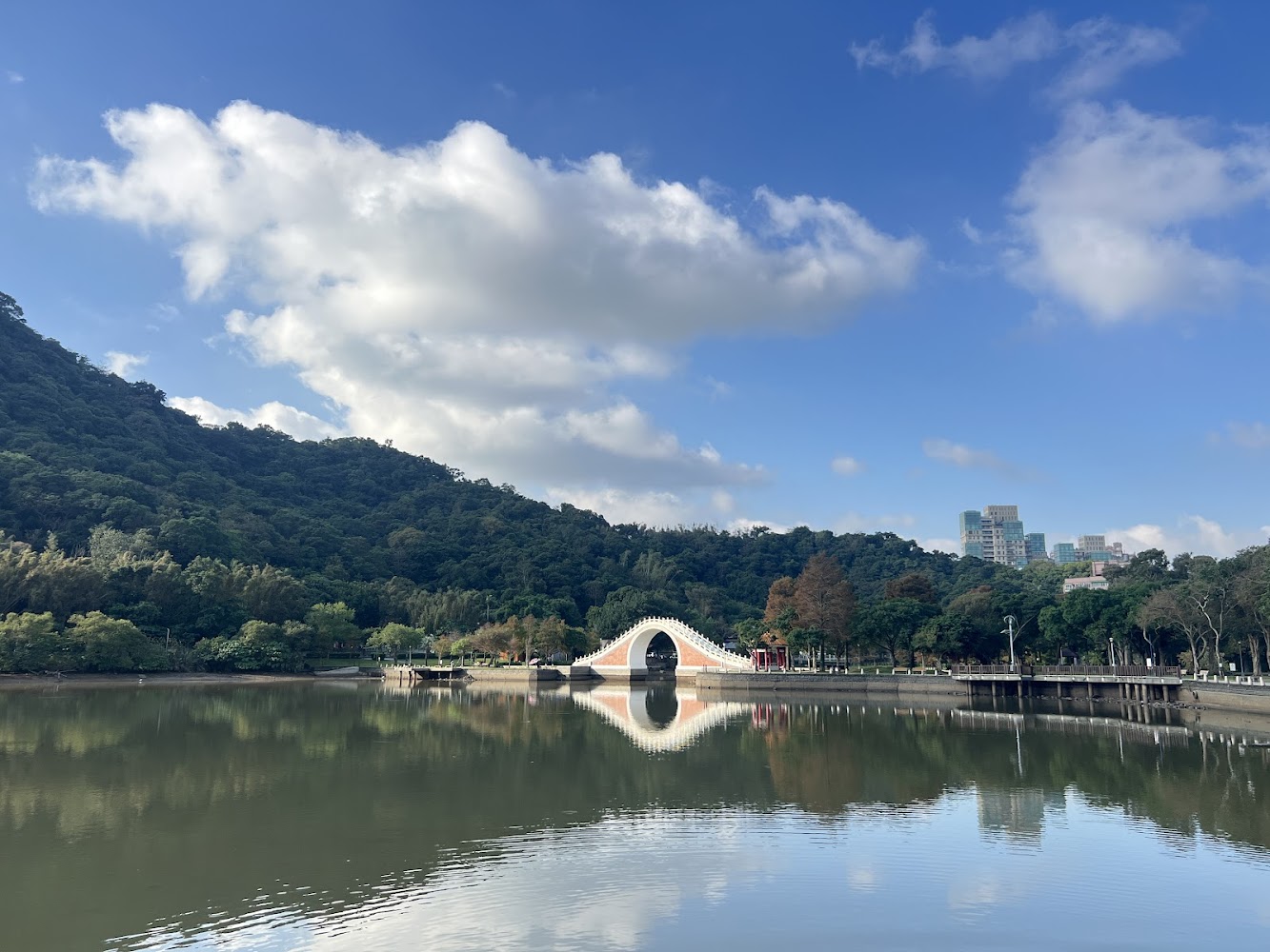 大湖公園拱橋湖景與山林