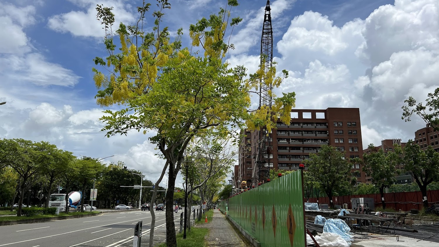 馬路旁阿勃勒與圍籬工地城市景色