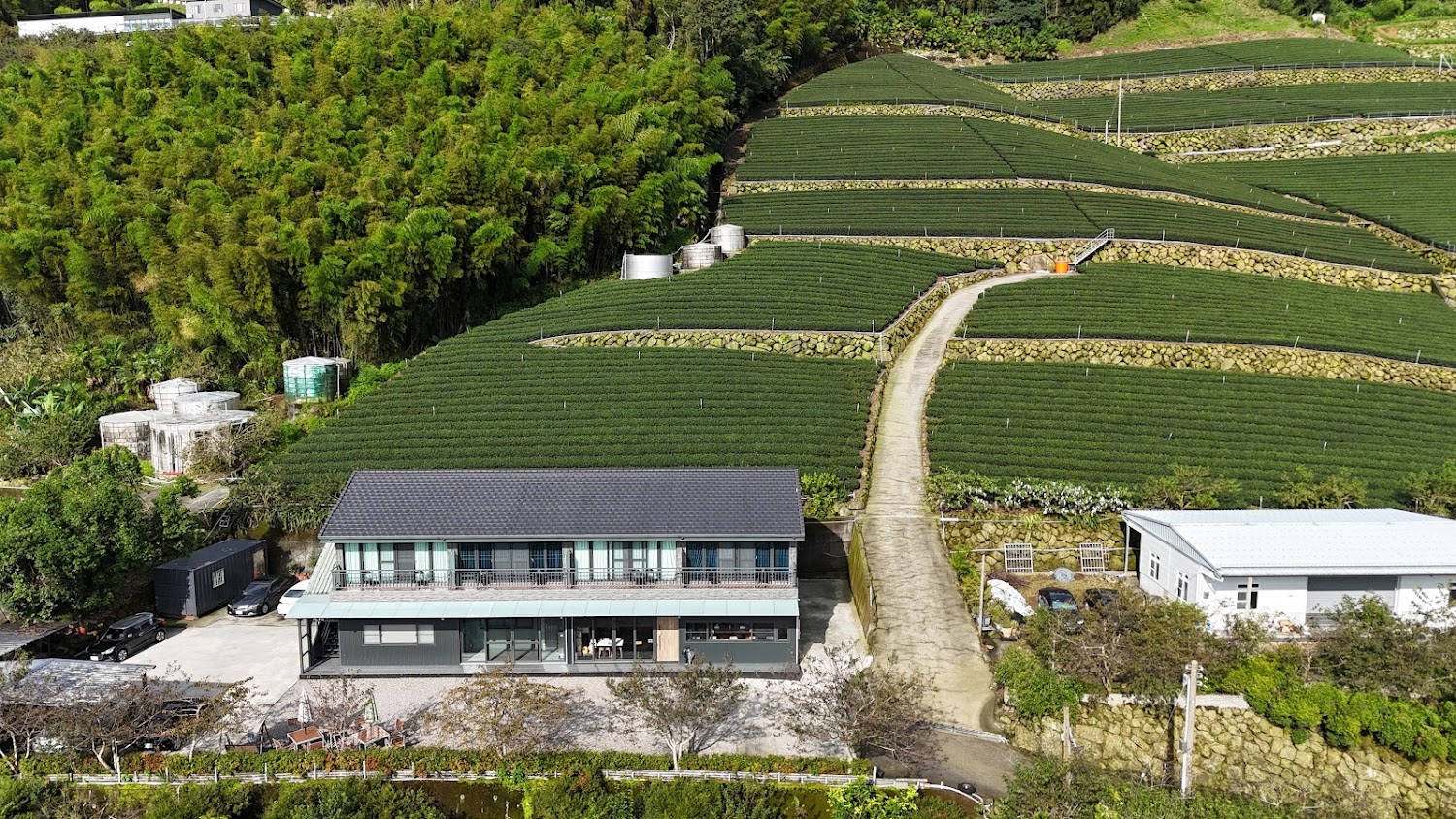 茶緣觀舍位於茶園山坡間的建築景觀