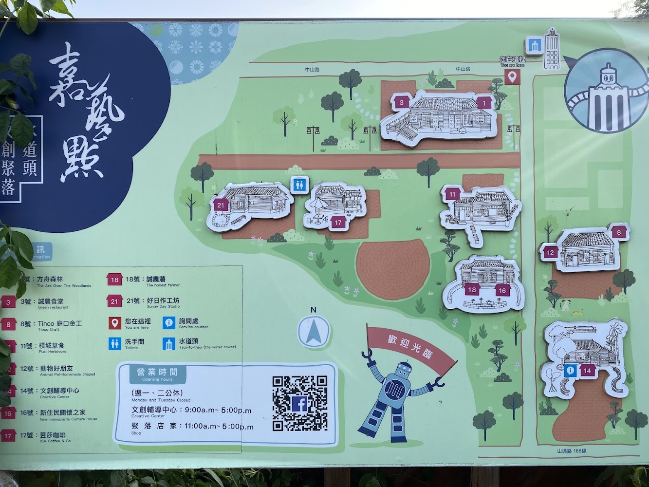 嘉藝點水道頭文創聚落導覽地圖，標示園區店家與動線。