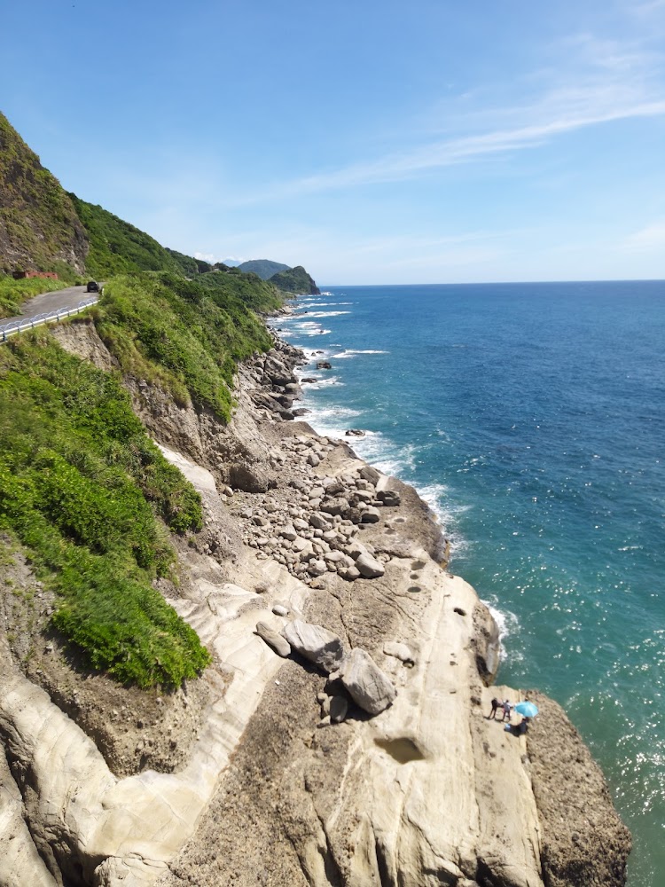 蔚藍大海與岩石海岸，旁邊是綠色山坡與臨海道路