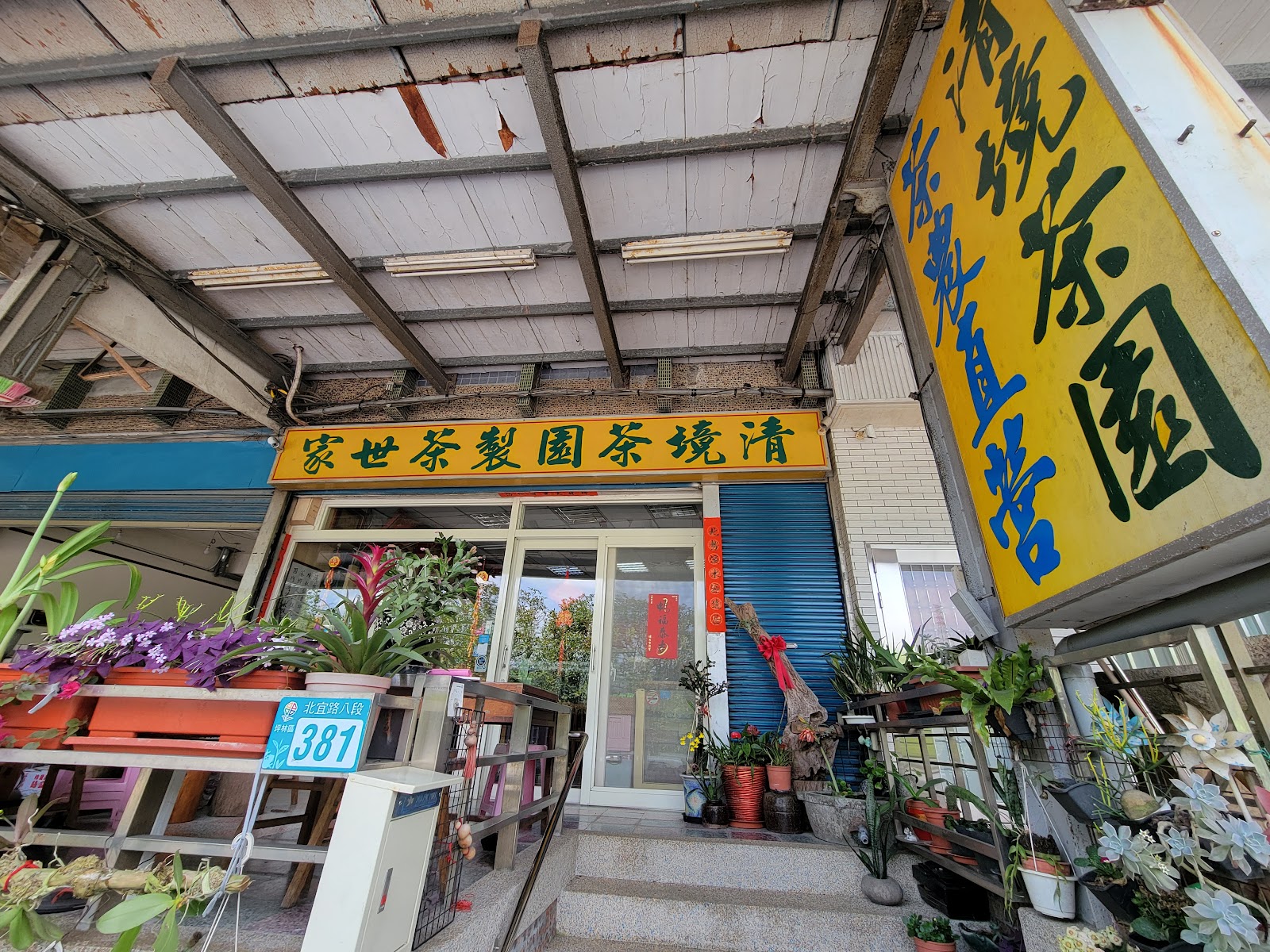 坪林清境茶園傳統茶行外觀,黃色大招牌,門口擺花,包種茶購物