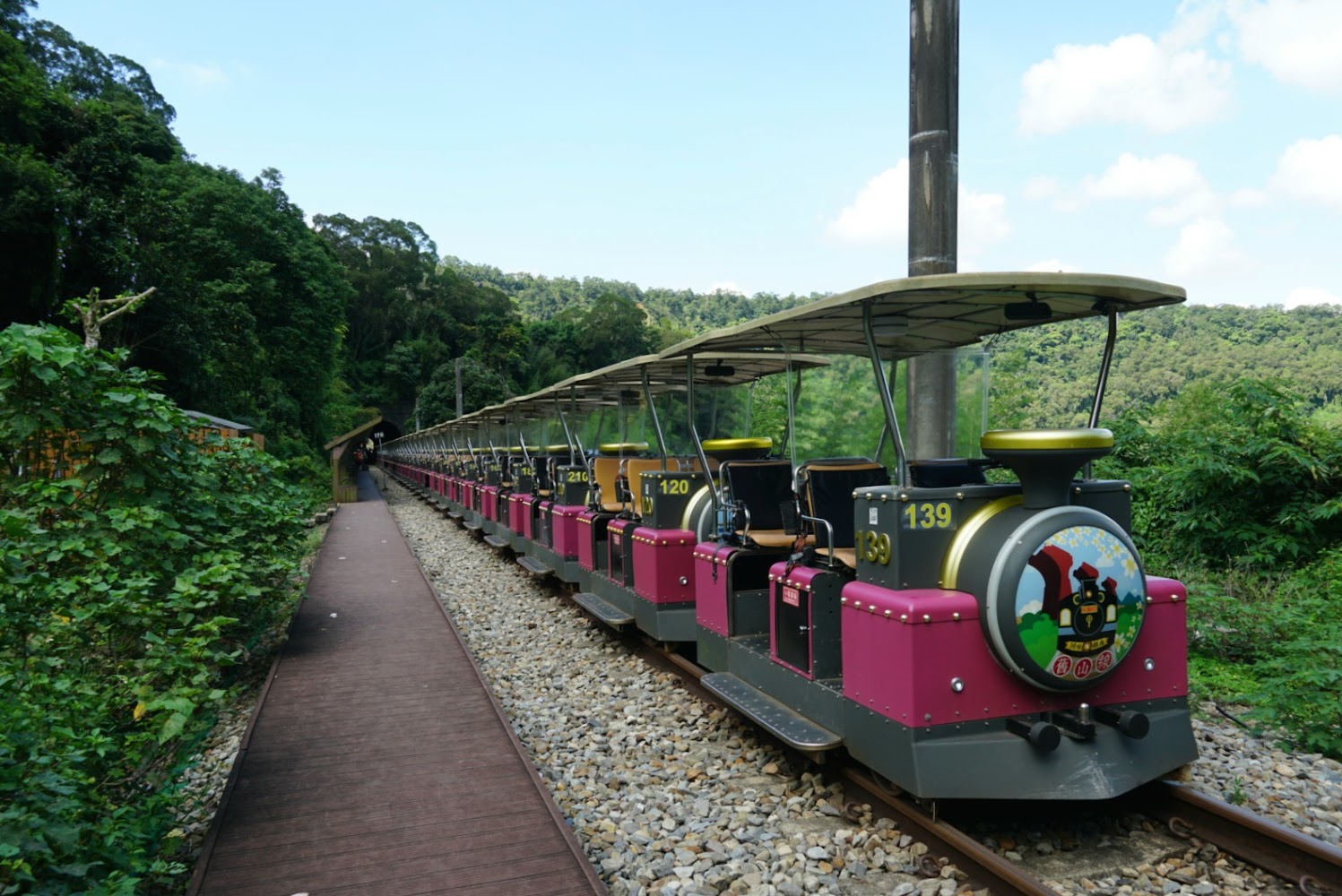 紫色觀光小火車停靠在綠意山林旁