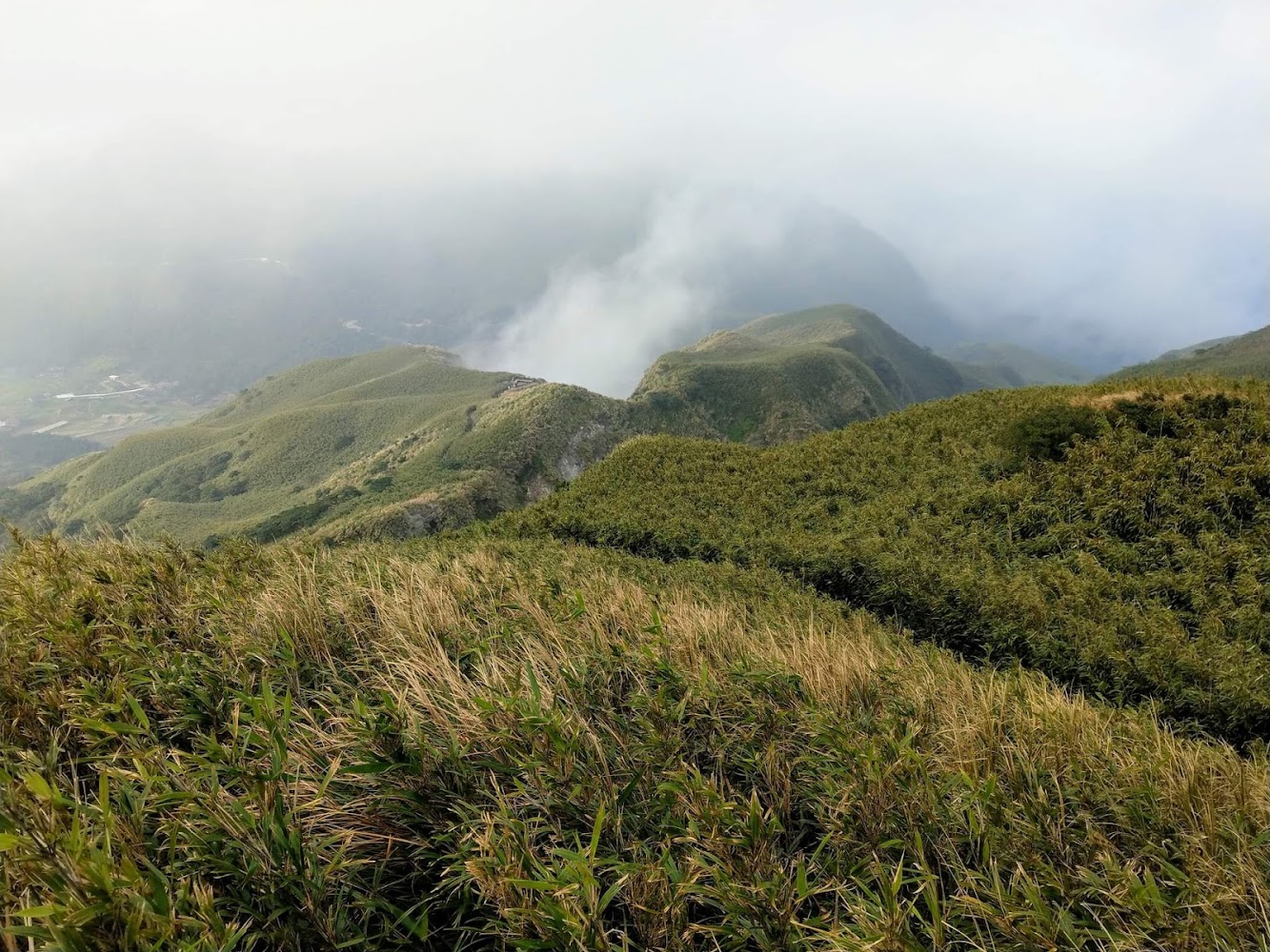 七星山小油坑步道山坡草地與雲霧景色
