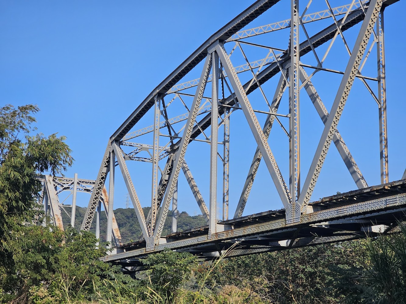 鋼鐵結構鐵路橋橫跨樹林上方藍天下