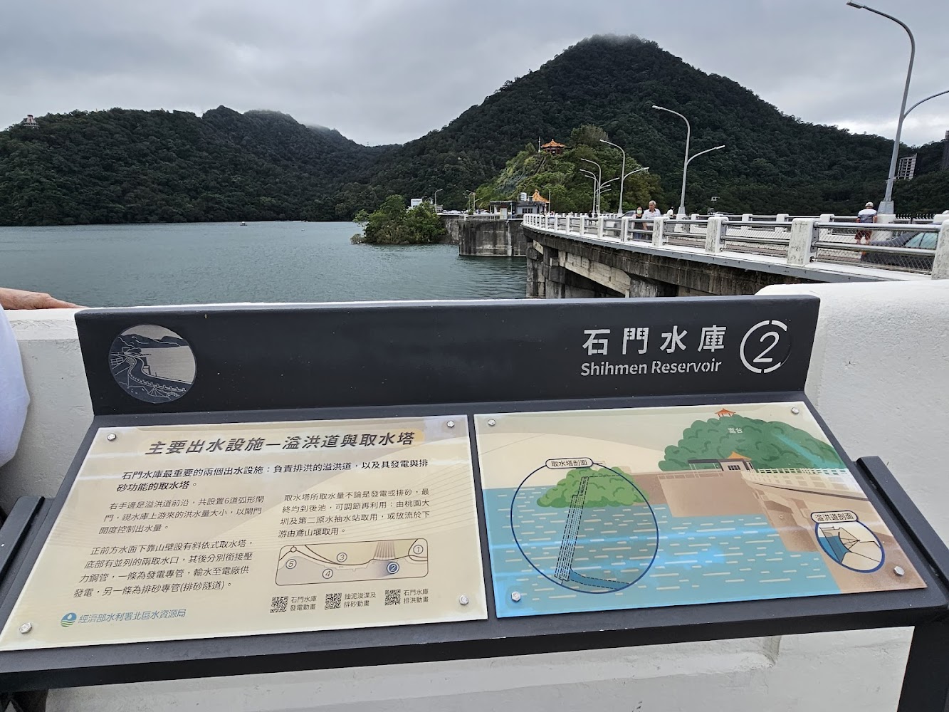 石門水庫解說牌與壩區景觀