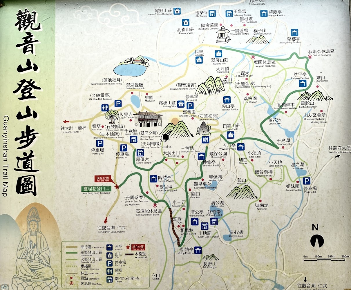 高雄觀音山步道圖，標示寺廟、景點與停車場