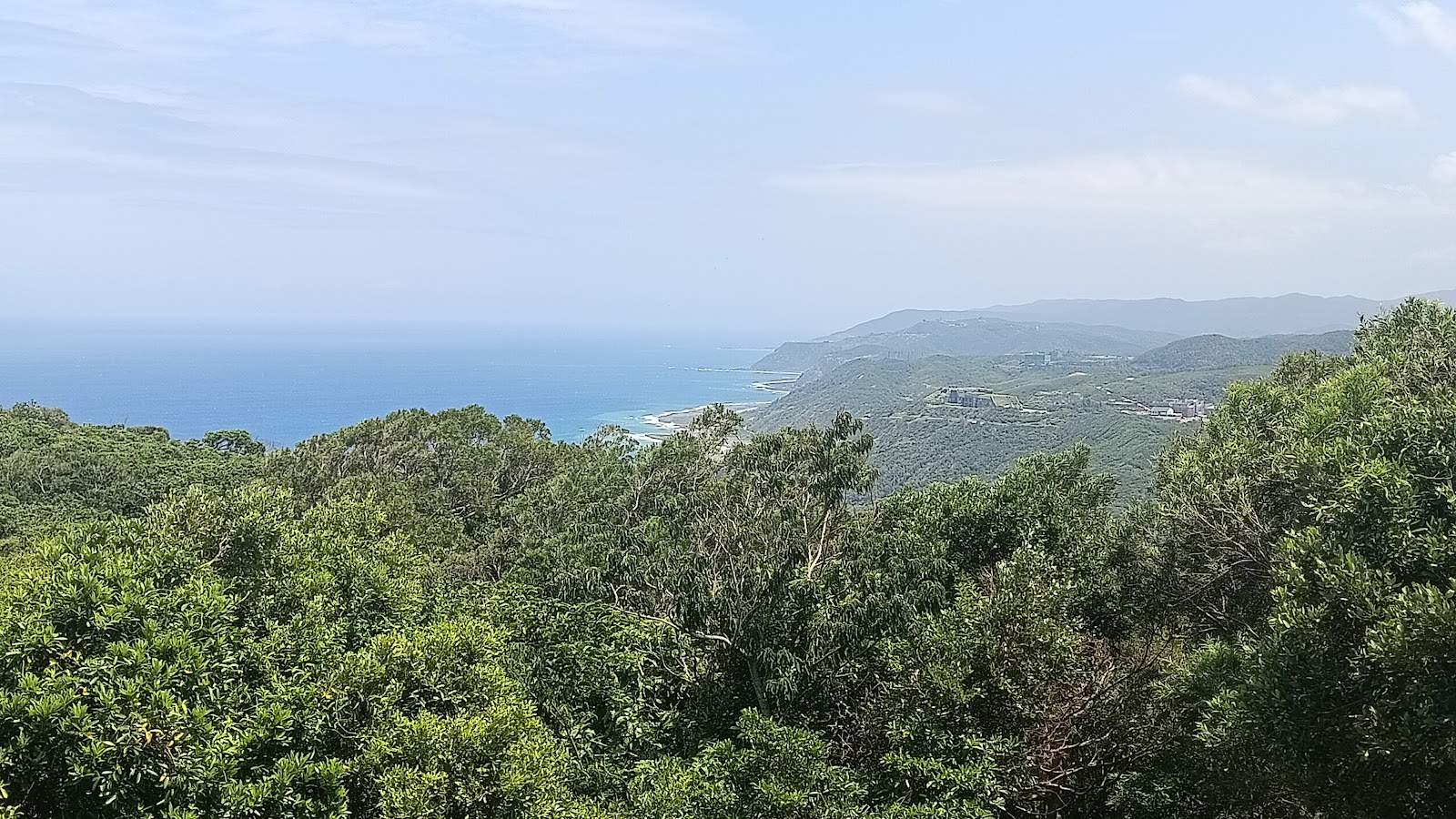 旭海草原遊樂區高處俯望旭海村落與海岸翠綠樹叢前景