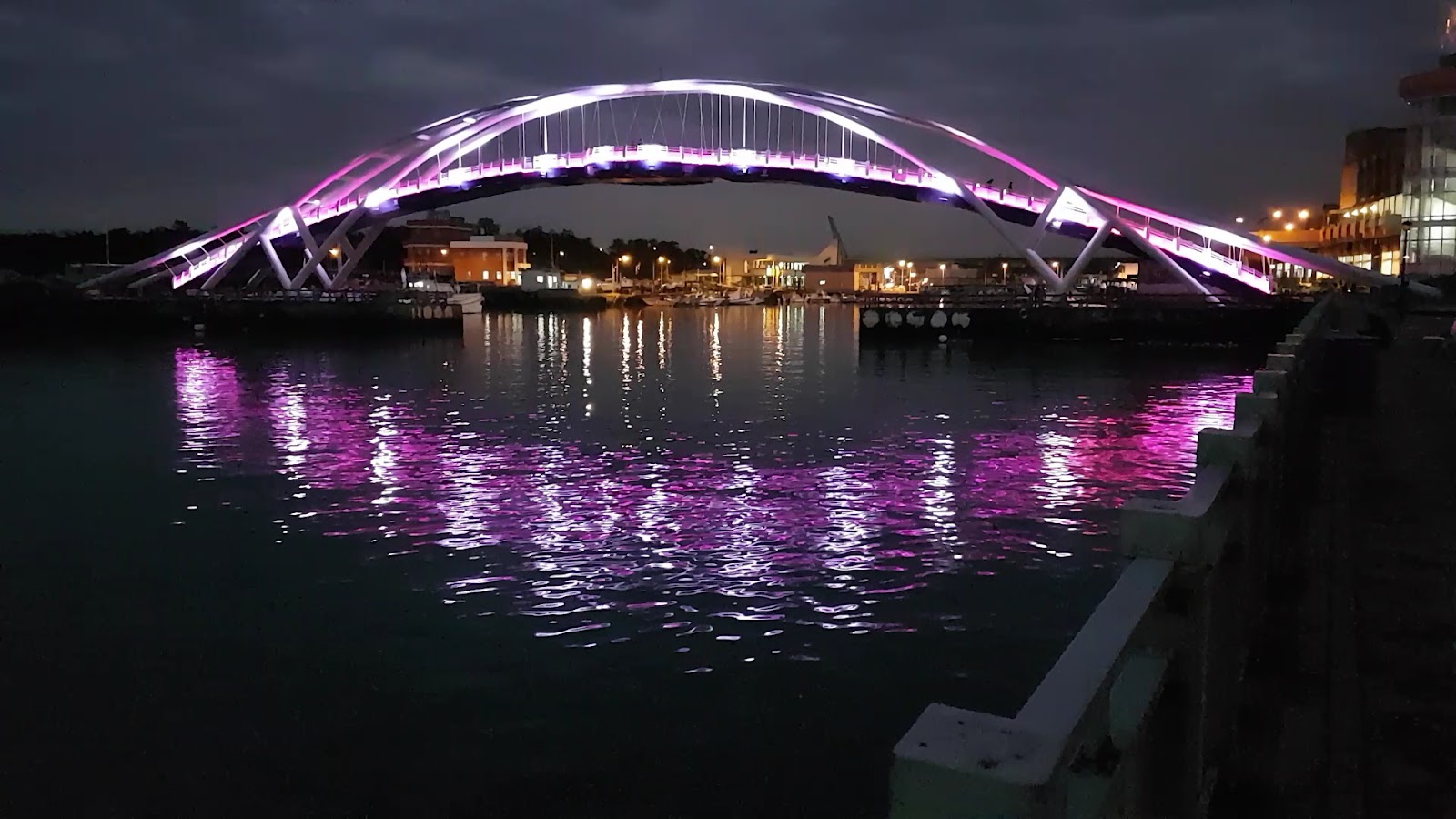 永安漁港笨港橋夜景，紫粉色LED燈光璀璨，橋影倒映港水中，夢幻絕美