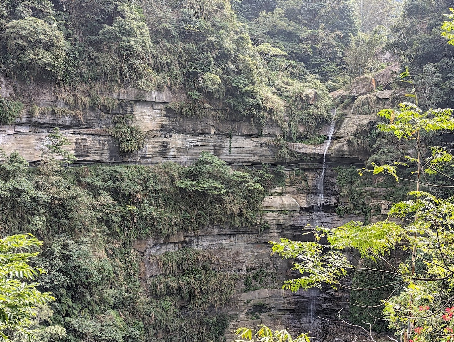 石洞瀑布水流沿岩壁傾瀉,嘉義山林兩側植被茂密