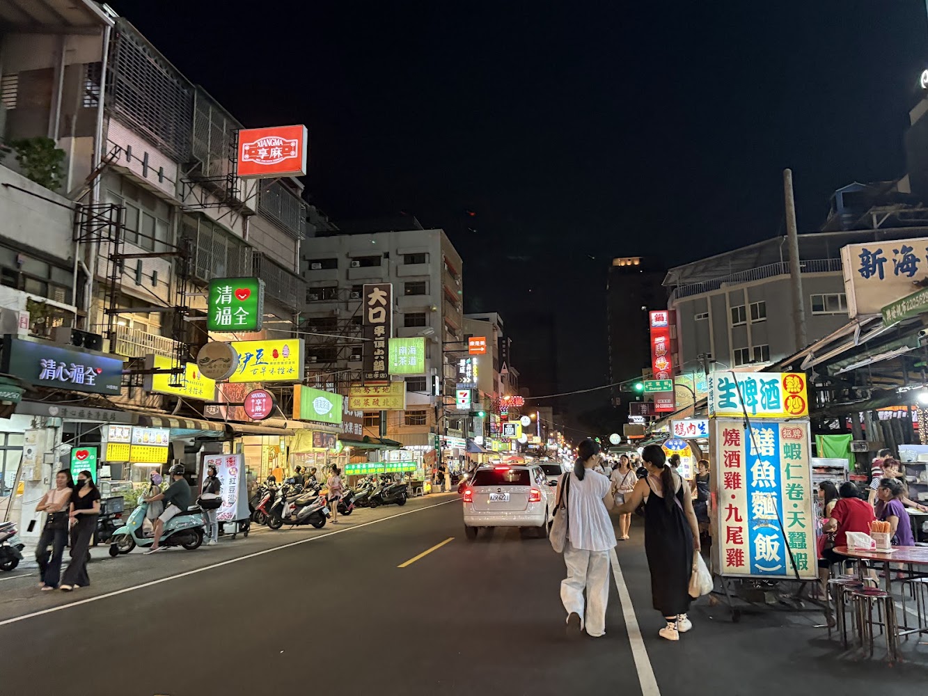 忠孝路夜市街景，招牌與機車、行人共同構成在地夜生活