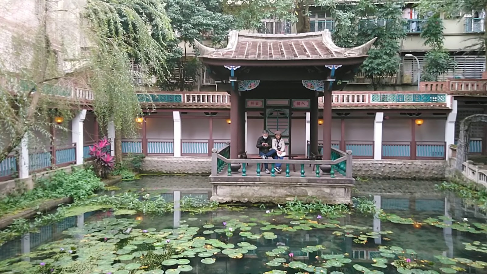 方鑑齋荷花池涼亭，傳統中式亭台倒映水面，荷葉與紫色荷花飄浮，柳樹垂掛